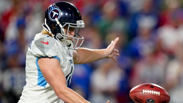 Tennessee Titans punter Ryan Stonehouse (4) punt during the second quarter against the Buffalo Bills at Highmark Stadium Monday, Sept. 19, 2022, in Orchard Park, New York.